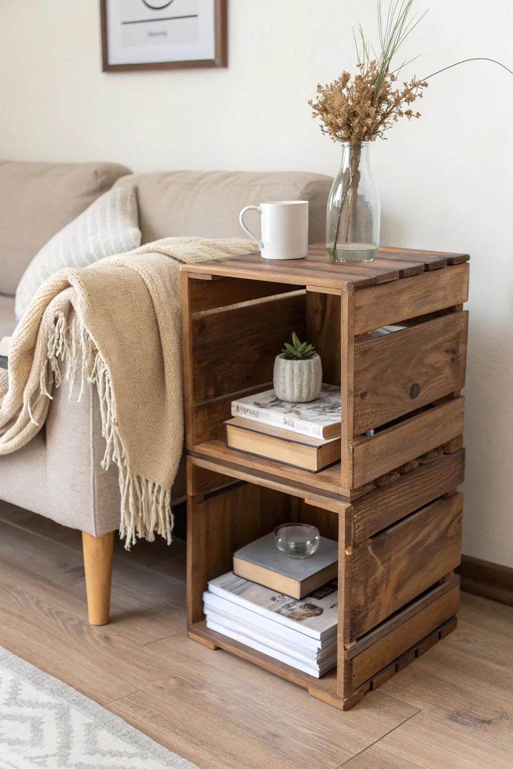 Stacked wooden crates become a chic side table with storage—minimal, warm, and handmade.