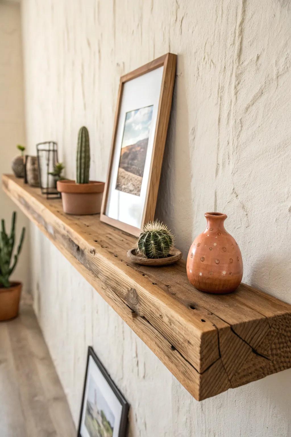 Handmade rustic wood ledge for rotating desert pottery, mini art, and a tiny cactus—easy Southwest charm.