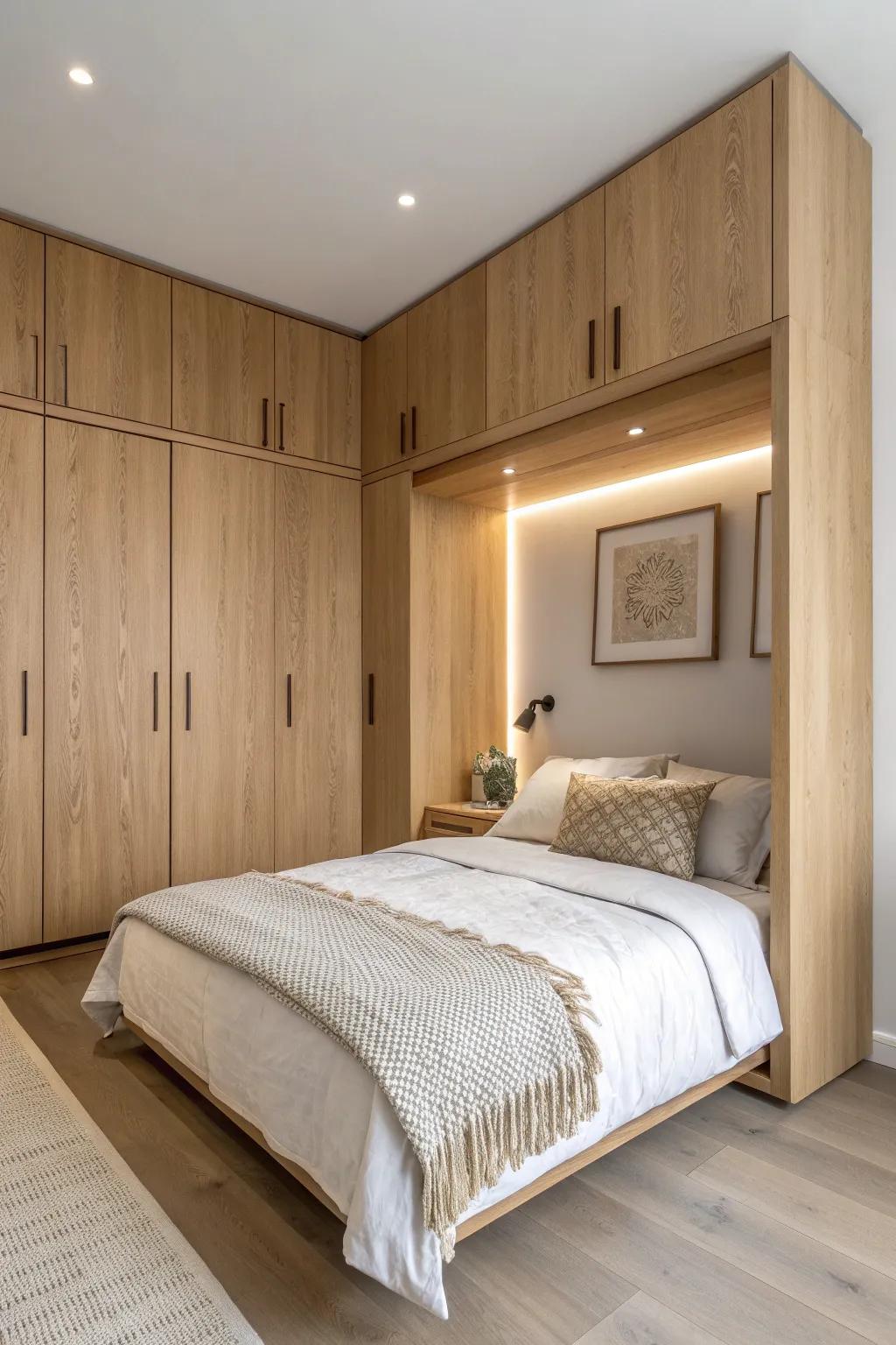 A built-in bed between wardrobes adds storage, symmetry, and a custom look—without clutter.