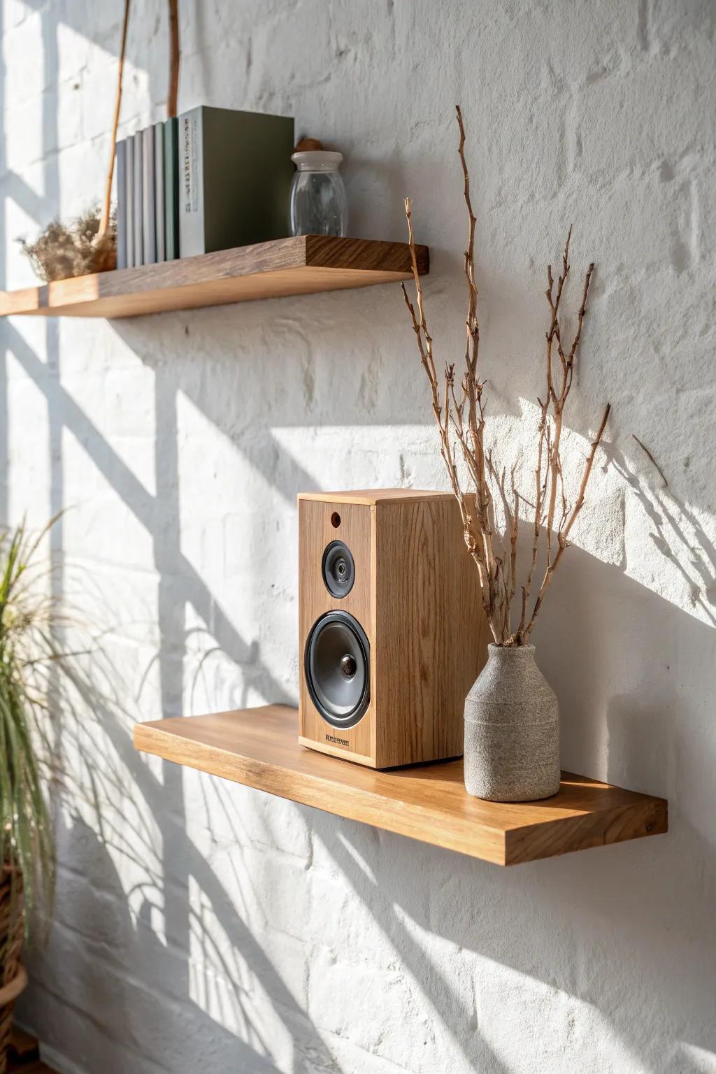 A clean oak French cleat shelf lets you adjust speaker height anytime—simple, flexible, beautiful.