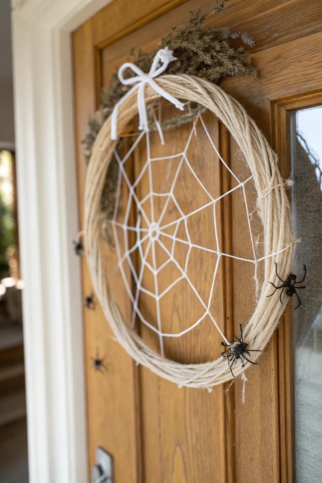 Welcome warmth and whimsy with a handcrafted spiderweb wreath, perfect for a touch of boho elegance.