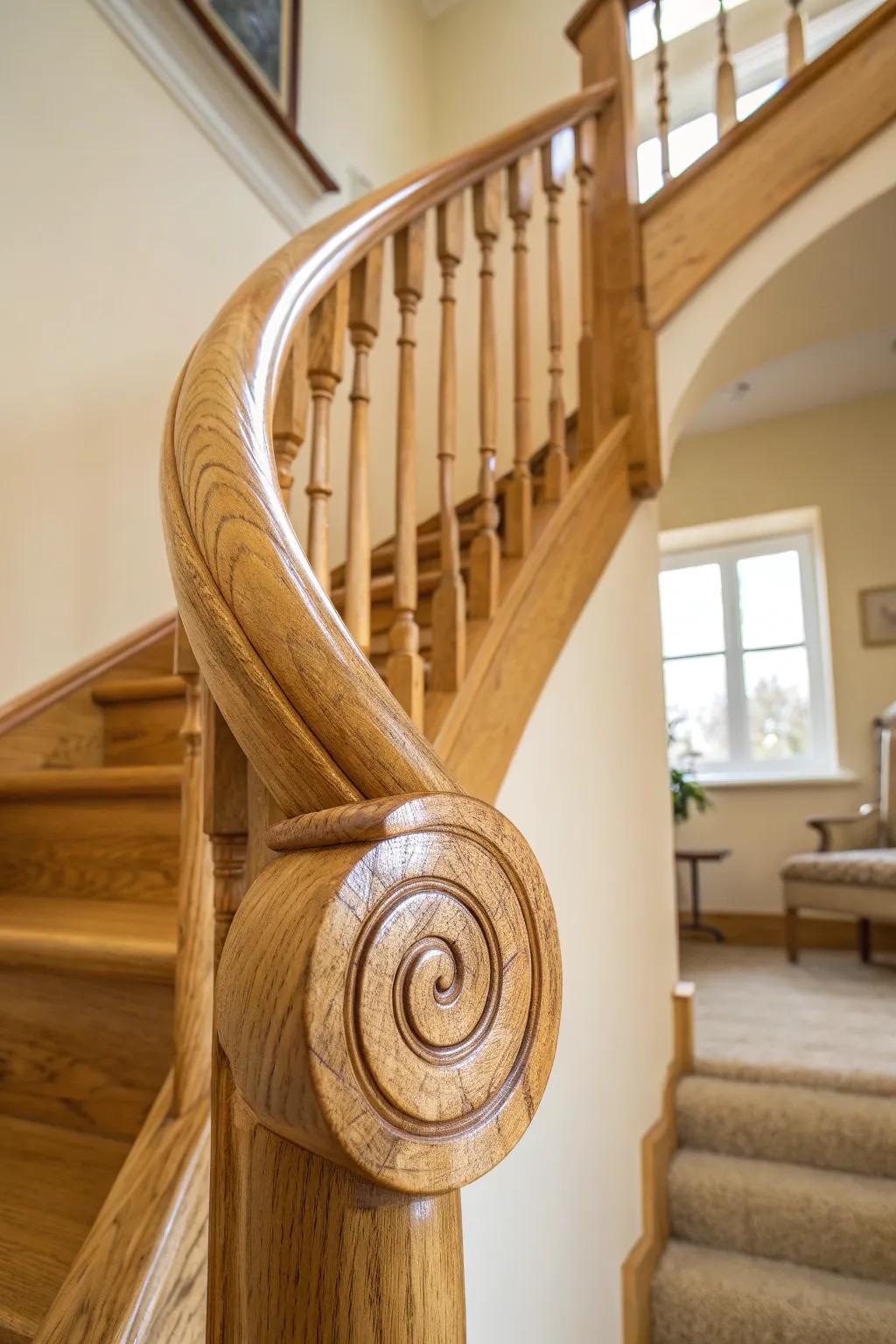 A warm oil-finished handrail that makes the spiral staircase feel handcrafted and inviting.