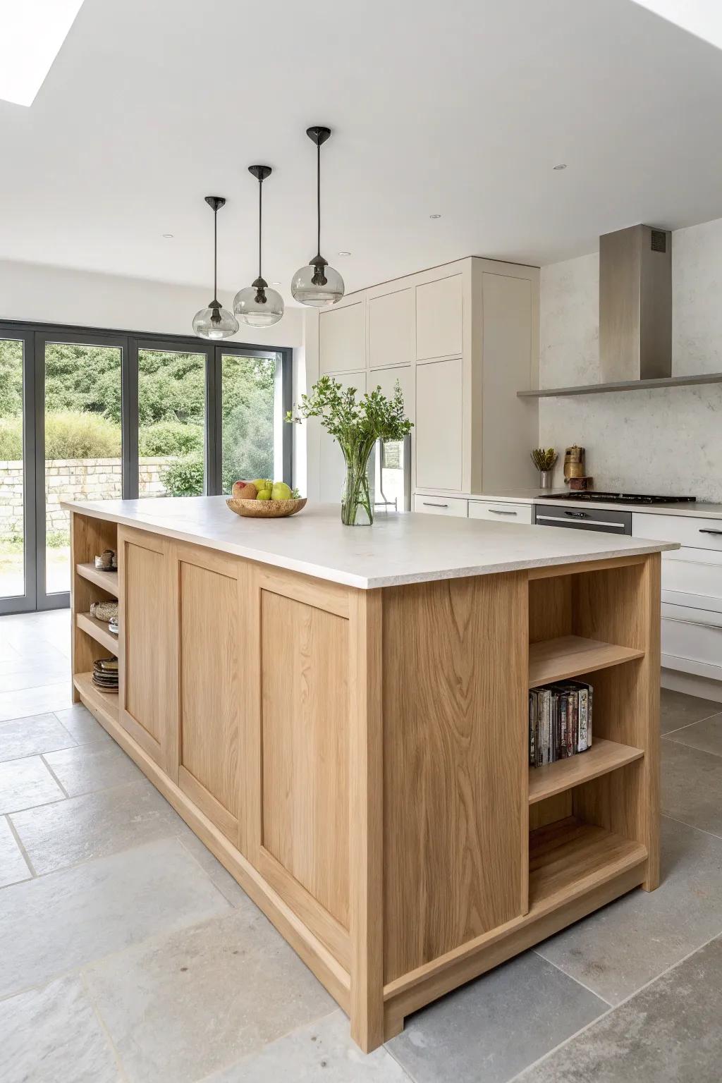 Wraparound lower tier split-level island: kid-safe seating and a calm, clutter-free prep zone.