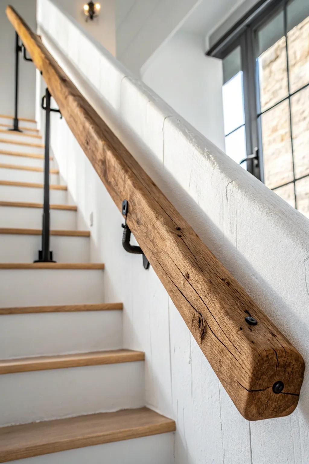 Reclaimed beam handrail: saw marks and knots left raw, grip smoothed by hand for comfort.
