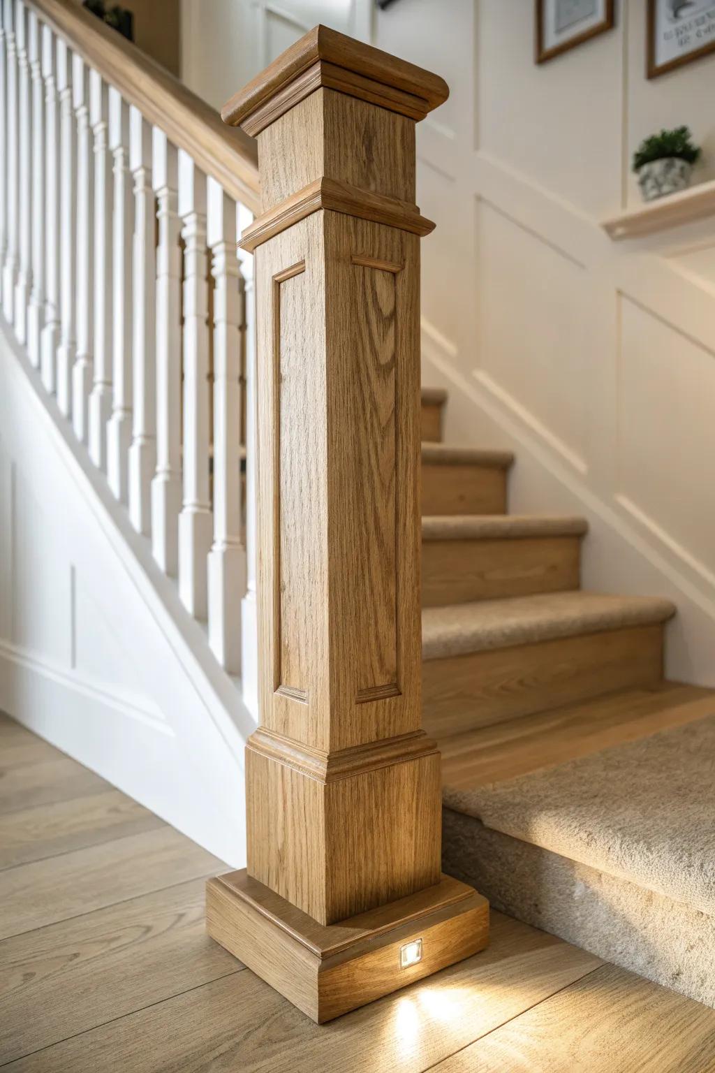 A warm uplight turns the landing newel post into a sculptural wood moment—simple and stunning.