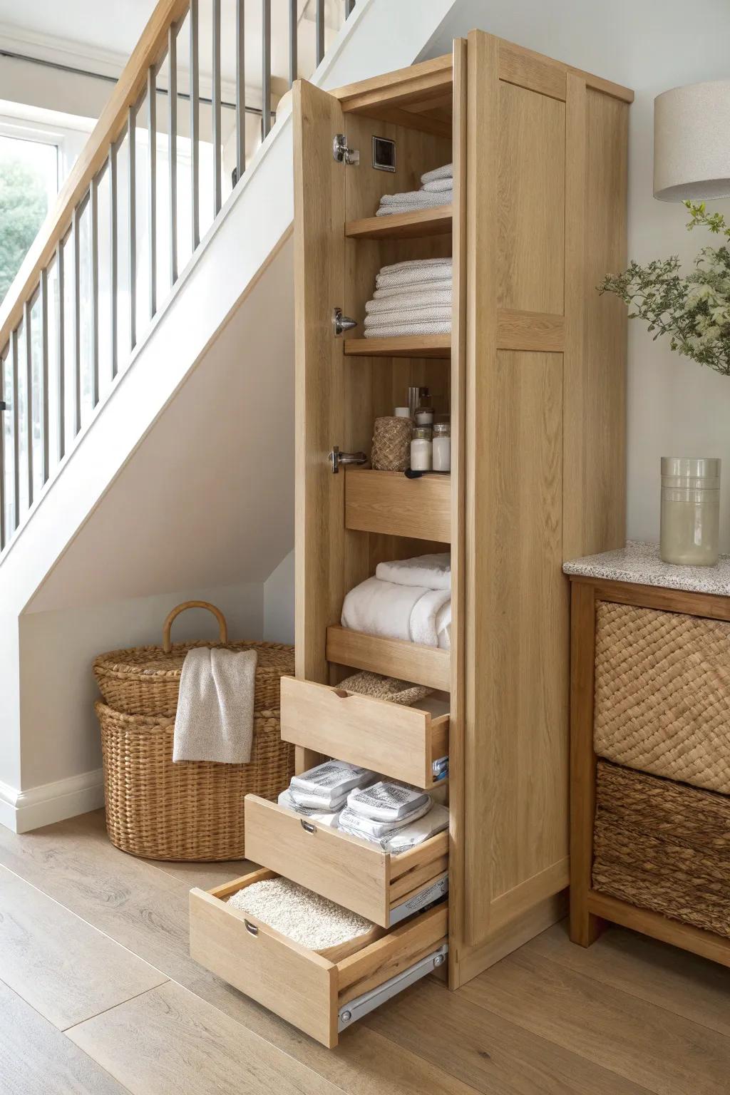A slim slide-out stair cabinet keeps towels and linens organized without wasting space.