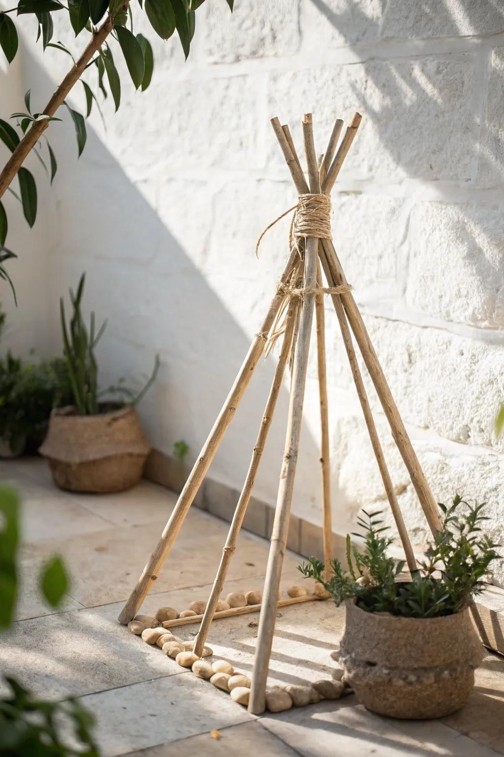 Simple teepee stick trellis tied with jute—an earthy, minimalist garden styling trick