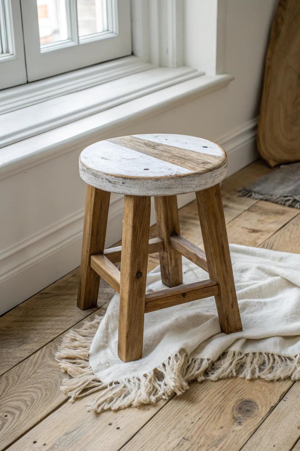 Subtle distressed edges and warm grain give this farmhouse stool a charming, lived-in look.