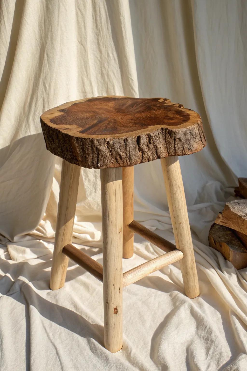 One-of-a-kind live edge stool top—wild grain seat with simple legs for striking contrast.