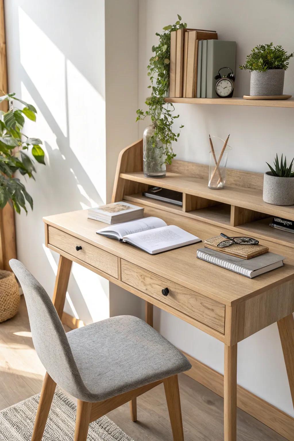 Floating oak shelves keep notebooks close and add a soft boho touch above your desk.