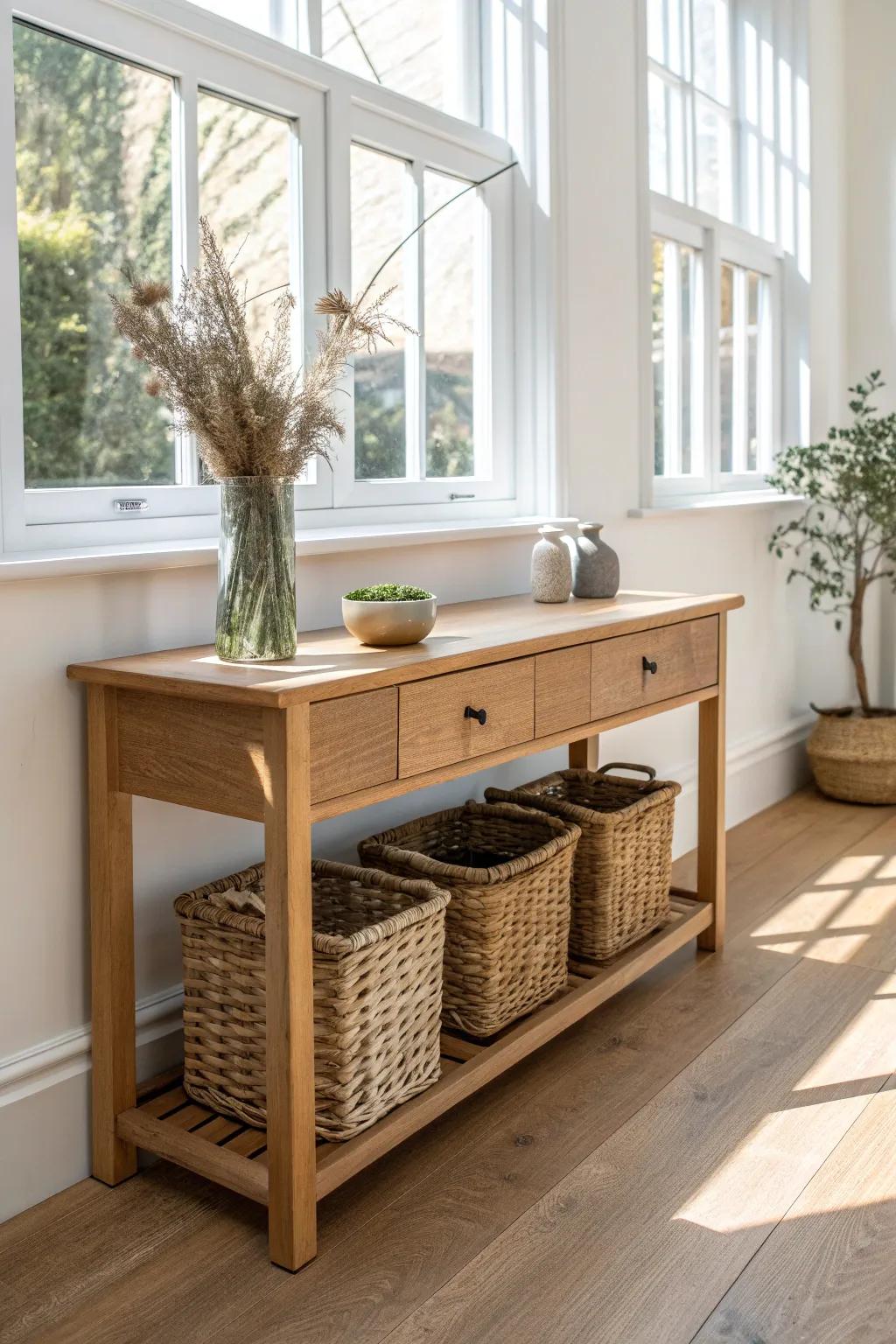 Light-oak console table with woven baskets—sunroom storage that stays calm and beautiful.