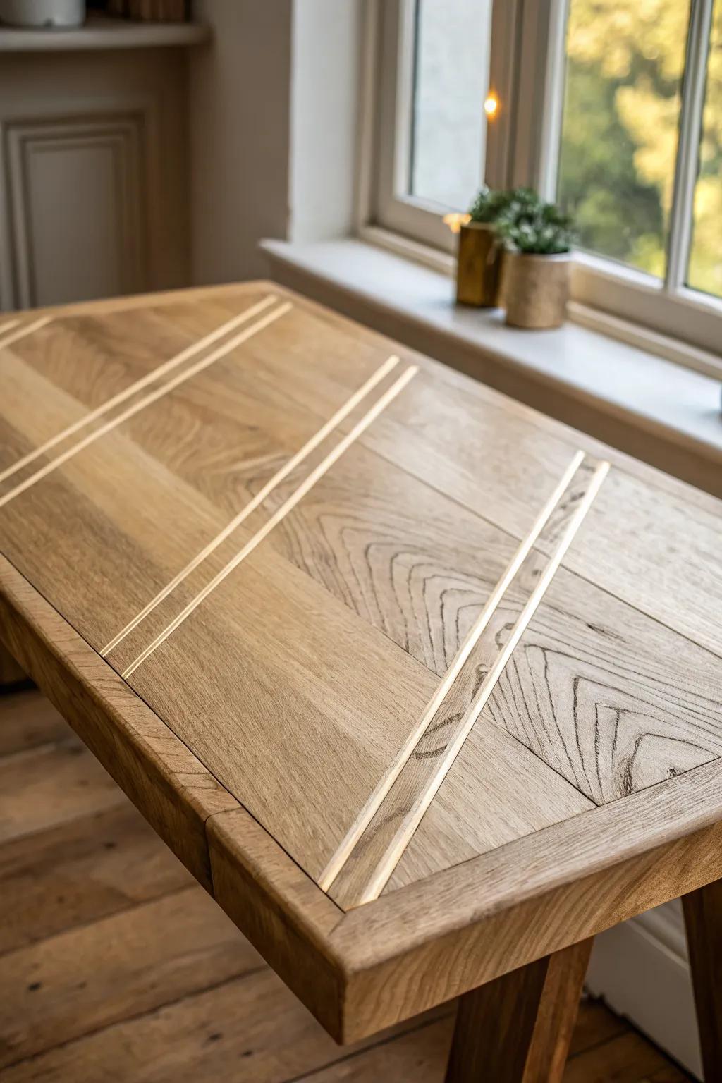 Flowing curved inlay lines that follow the grain—like a quiet river across warm oak.