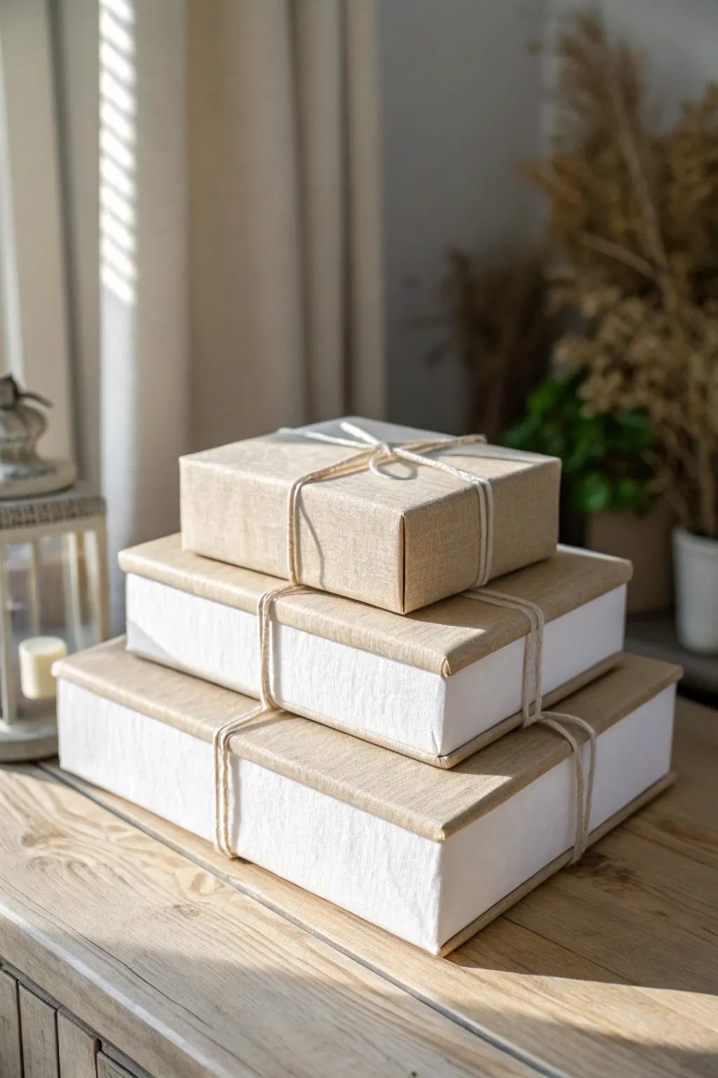 Linen-wrapped stacked boxes create a clean, boutique-style tabletop display riser in minutes.
