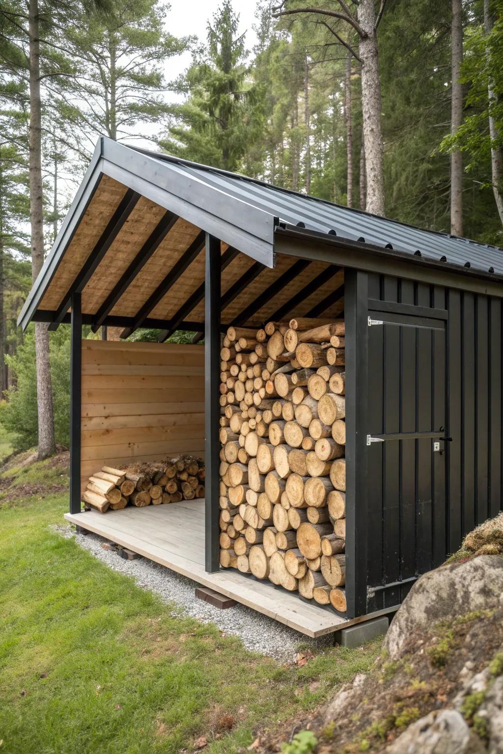A covered woodpile bay that keeps forest-house crafting smooth, tidy, and beautifully simple.
