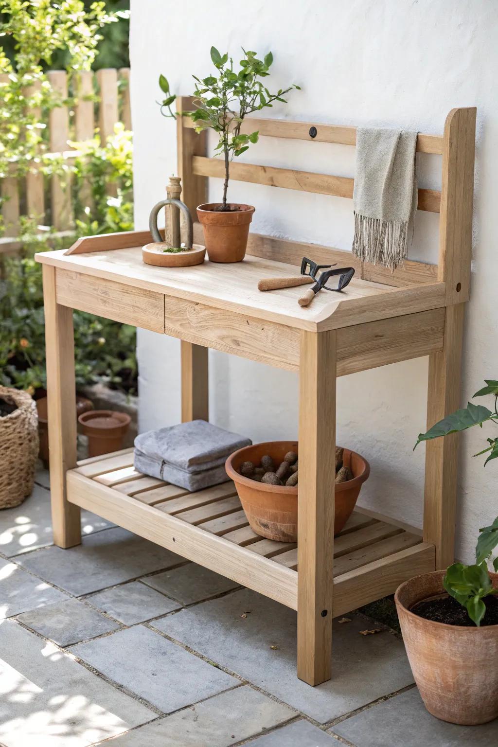 Handcrafted potting bench with a tidy tool cubby—minimal, warm wood tones, and garden-ready.