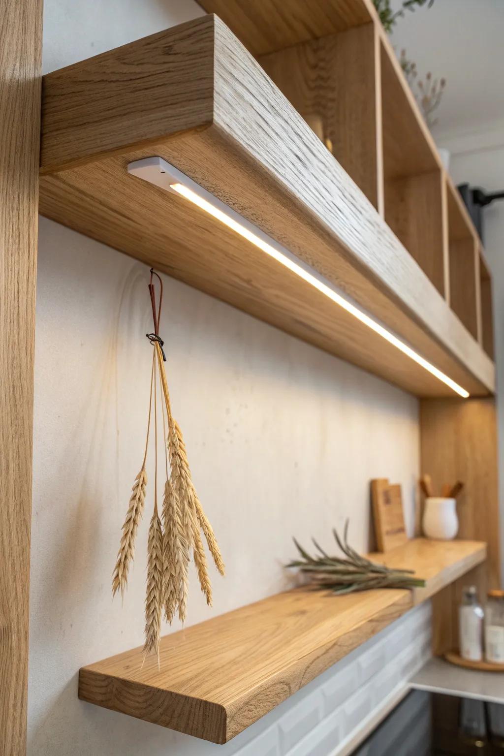 Layered lighting in a tiny kitchen: a warm under-shelf glow makes every inch feel usable.