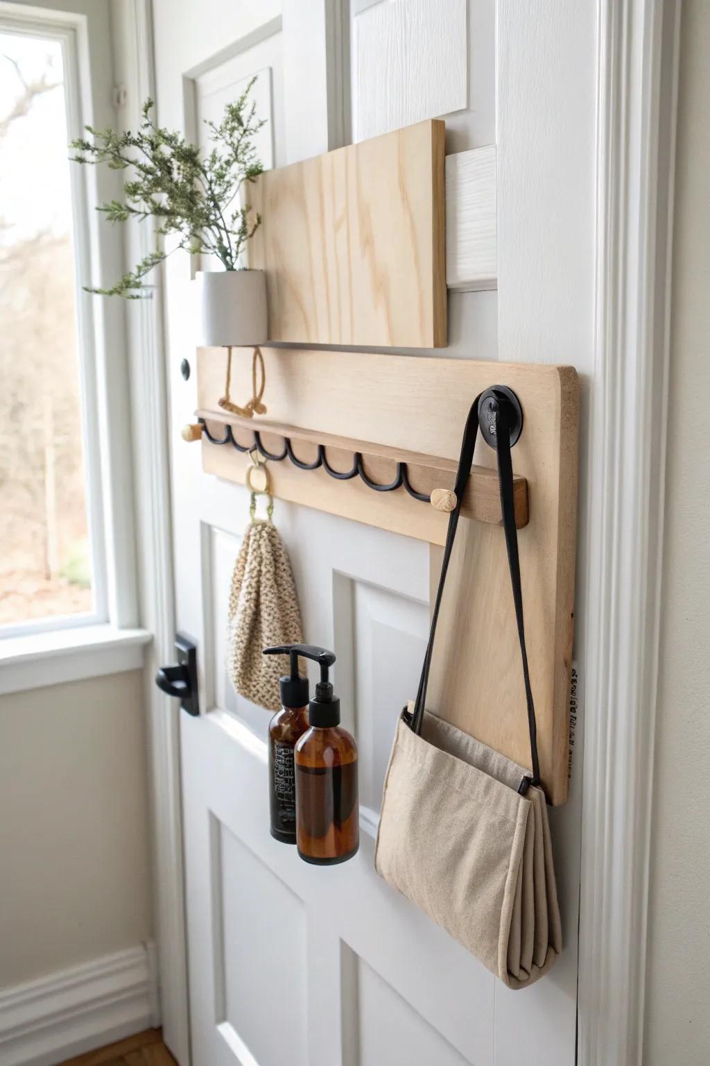 Behind-the-door storage board: tiny-home “free real estate” for tools, sprays, and more.