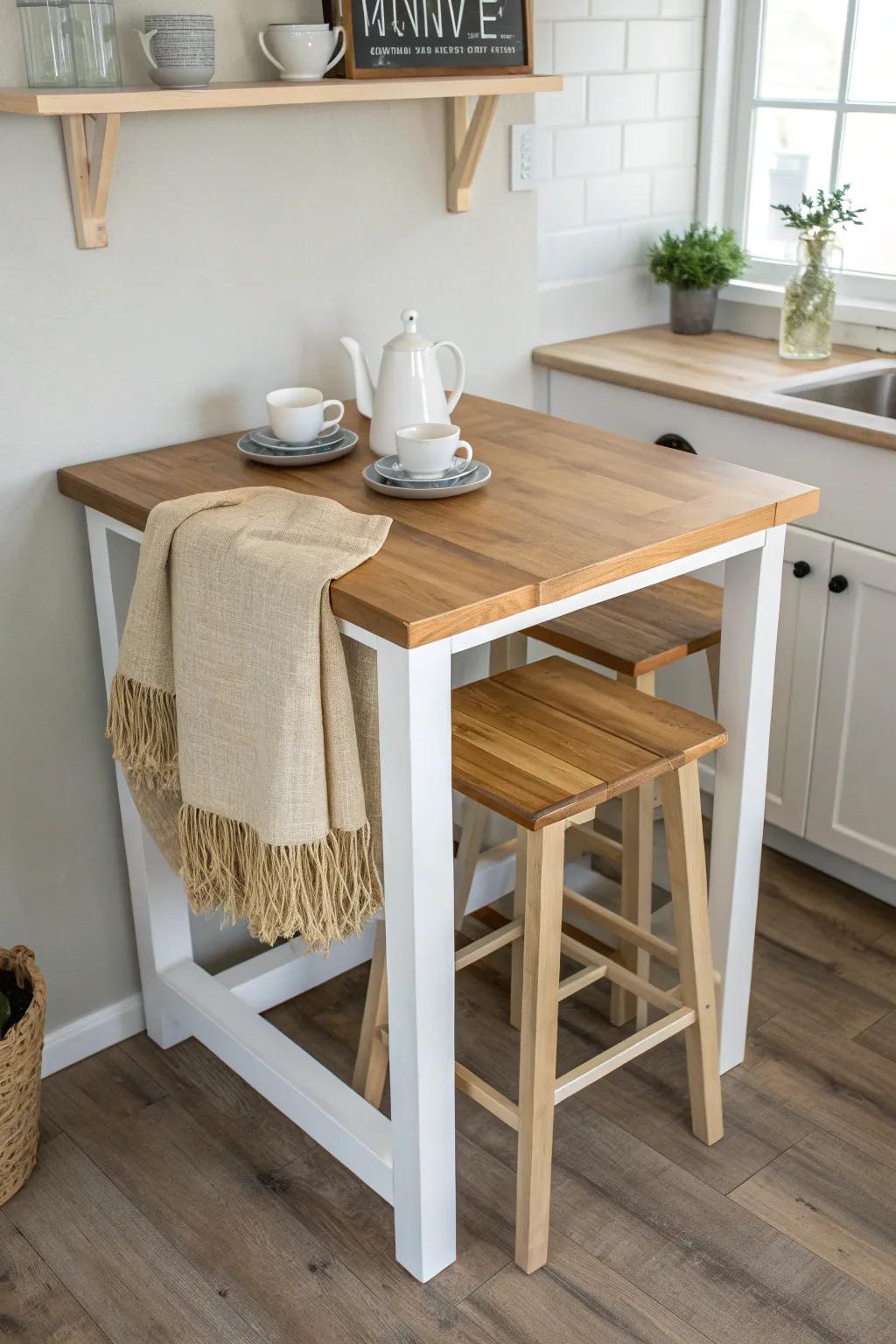 Tiny house kitchen island table with tuck-in stools—clean, cozy, and beautifully practical.
