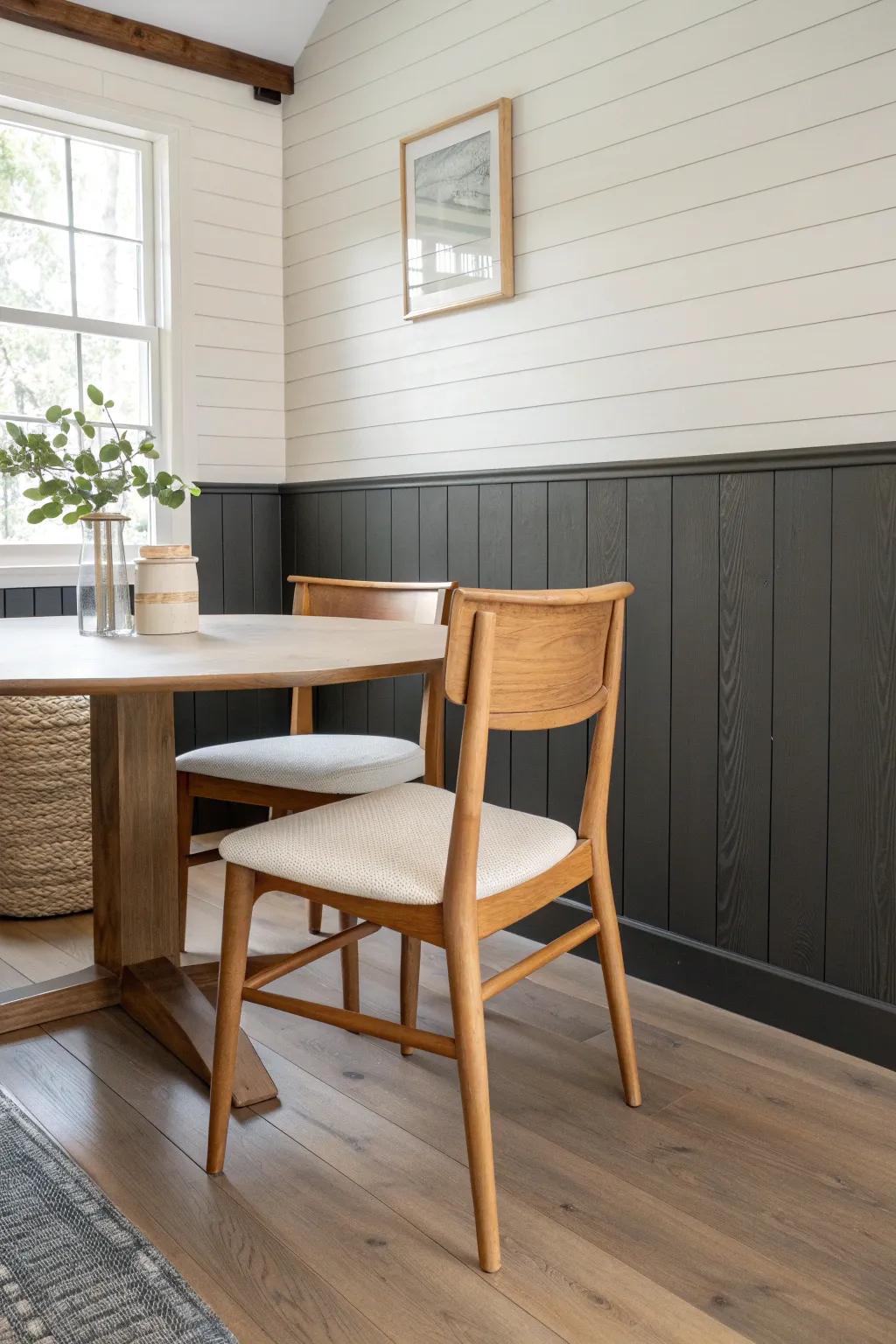 Two-tone tongue & groove: dark lower panels with a light top for an architectural, airy look.