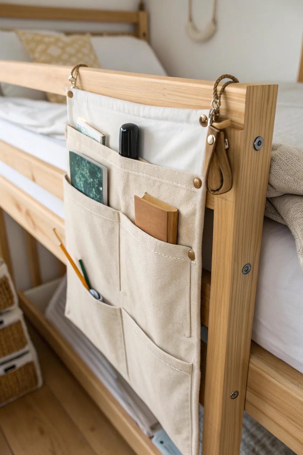 A linen pocket organizer on the top bunk rail keeps books and little essentials tidy.