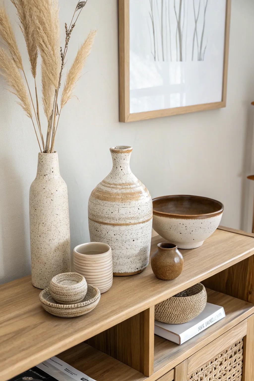 Three textured pottery pieces atop a wooden bookshelf—simple, collected, and quietly luxe.
