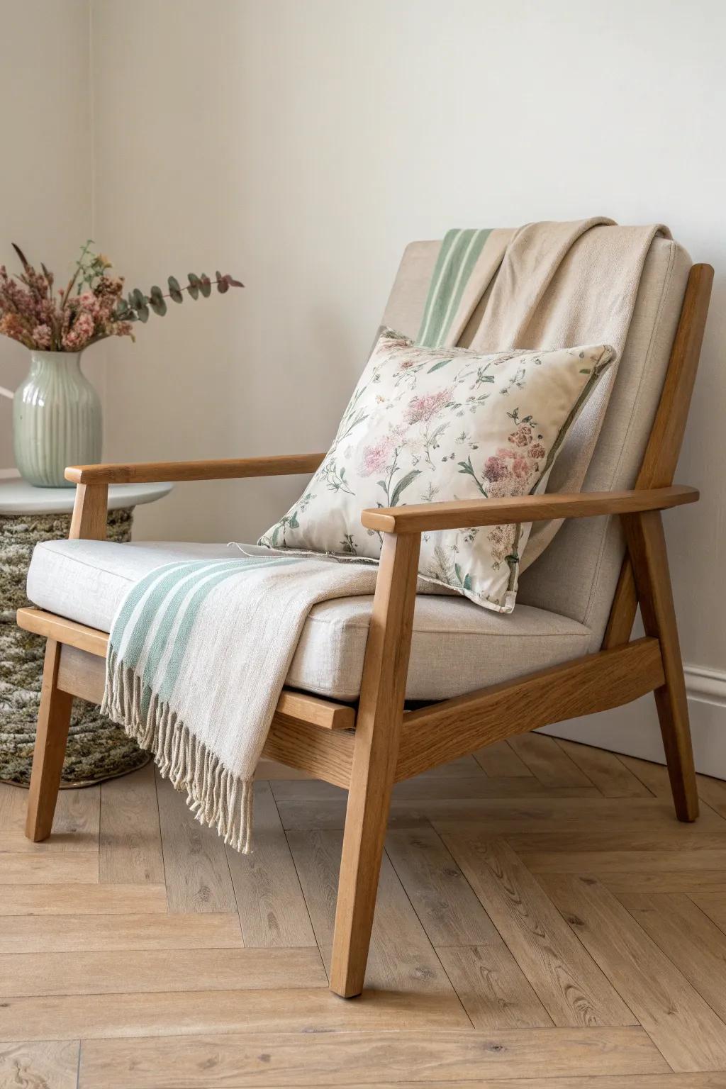 Soft stripes meet muted florals—classic, calm pattern play on a handcrafted oak chair.