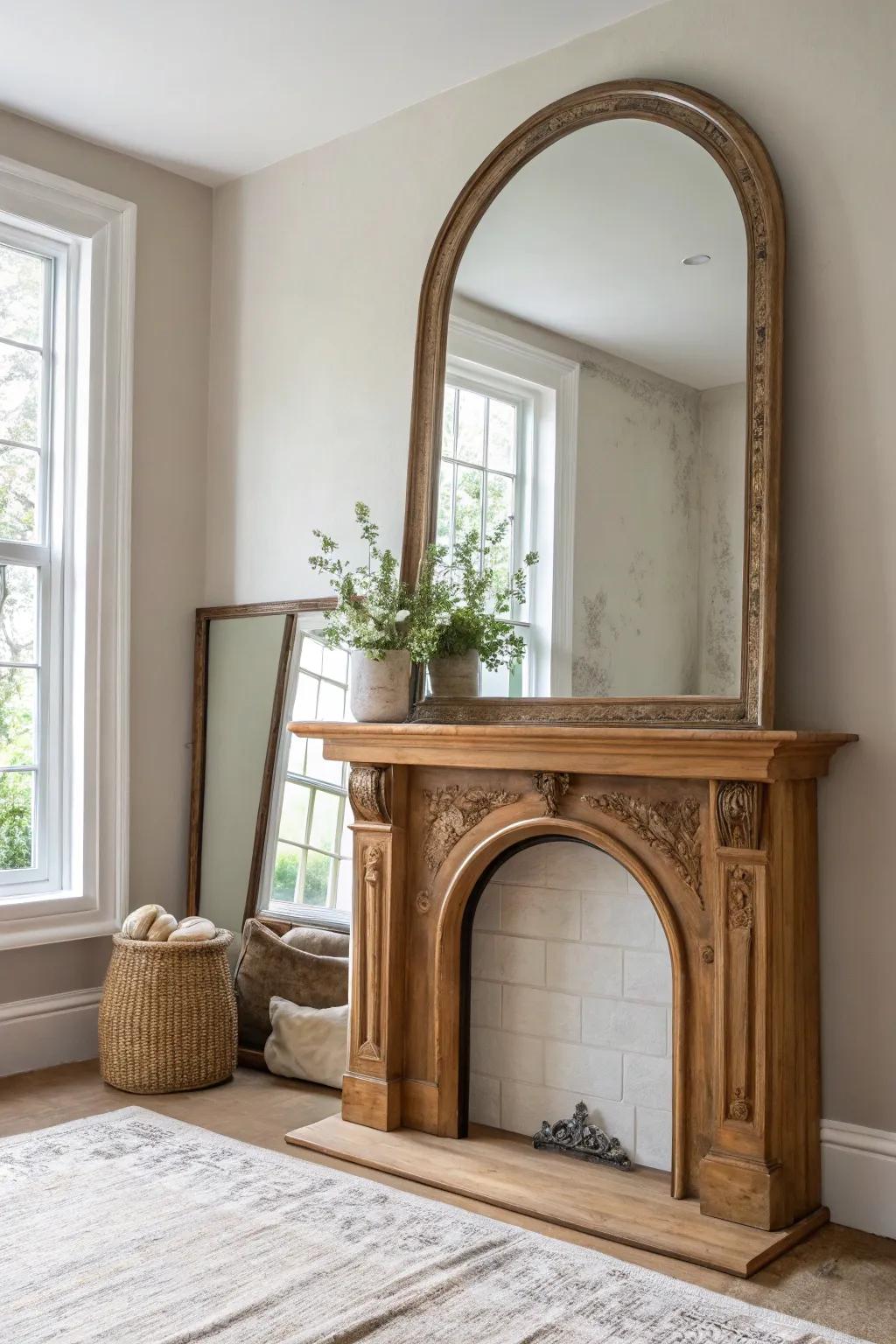 Anchor a traditional mantel with an oversized leaning mirror—relaxed, classic, and timeless.
