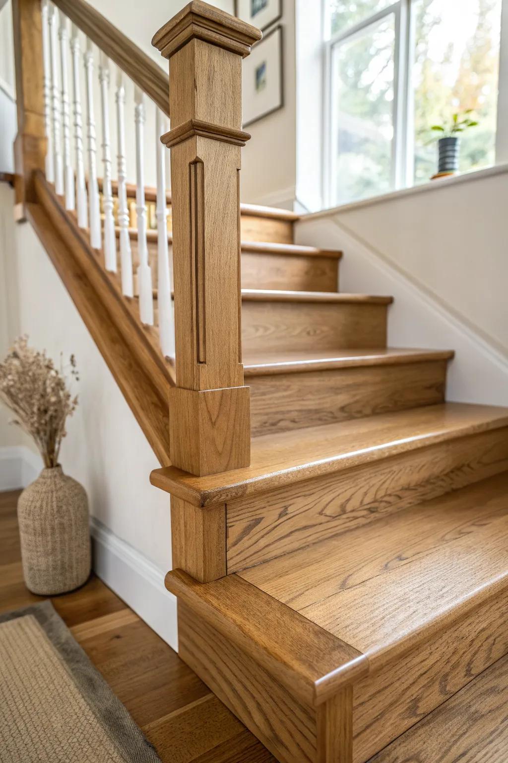Warm honey stain that lets real wood grain shine—classic stair tread with heirloom craftsmanship.