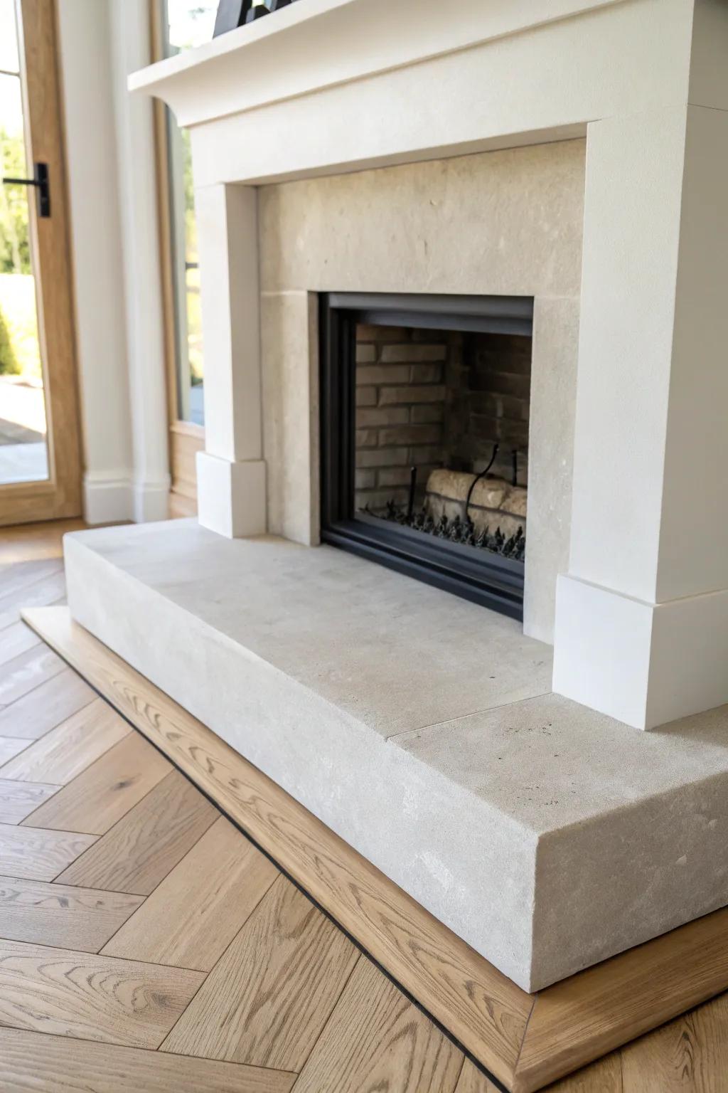 A low-profile honed hearth with crisp edges—soft, modern, and perfectly transitional.