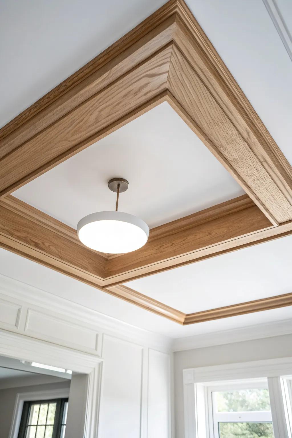 A simple oak ceiling trim frame that makes your light fixture feel like jewelry overhead.