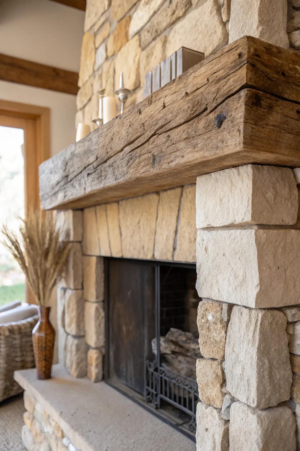 Tuscan warmth meets minimal calm: stone hearth + reclaimed wood mantel with honest tool marks.