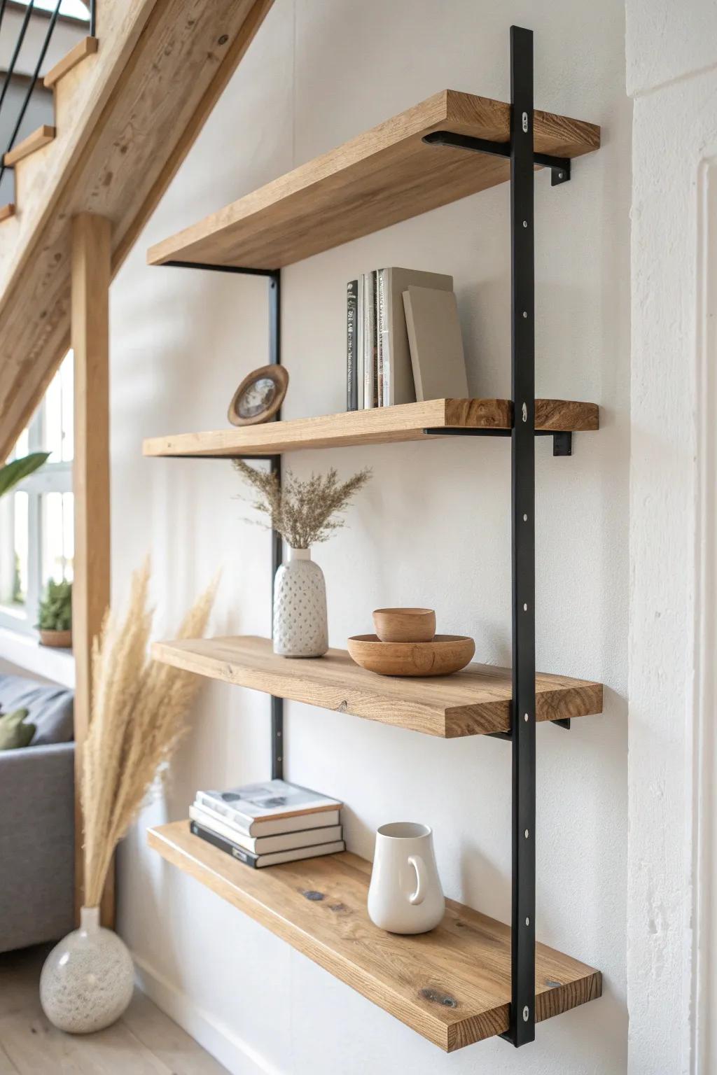Wall bracket shelves add vertical storage and a built-in look—perfect when you skip the TV stand.