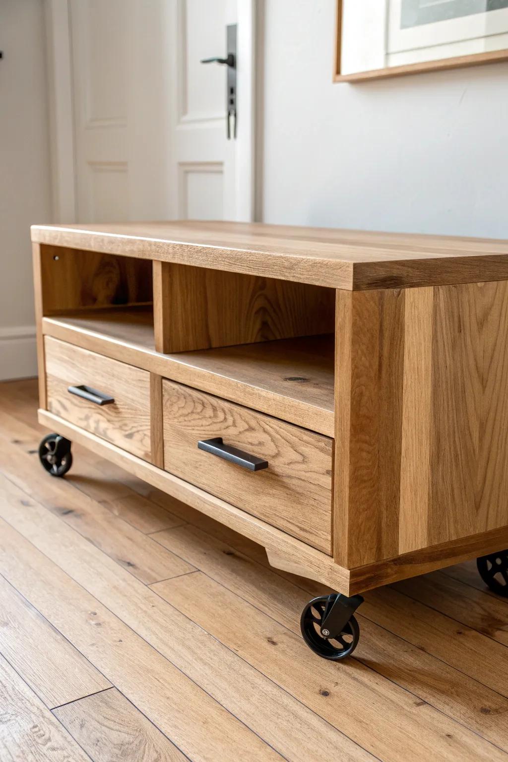 A sleek oak TV stand on locking casters—easy to roll out for movie night, tuck away after.