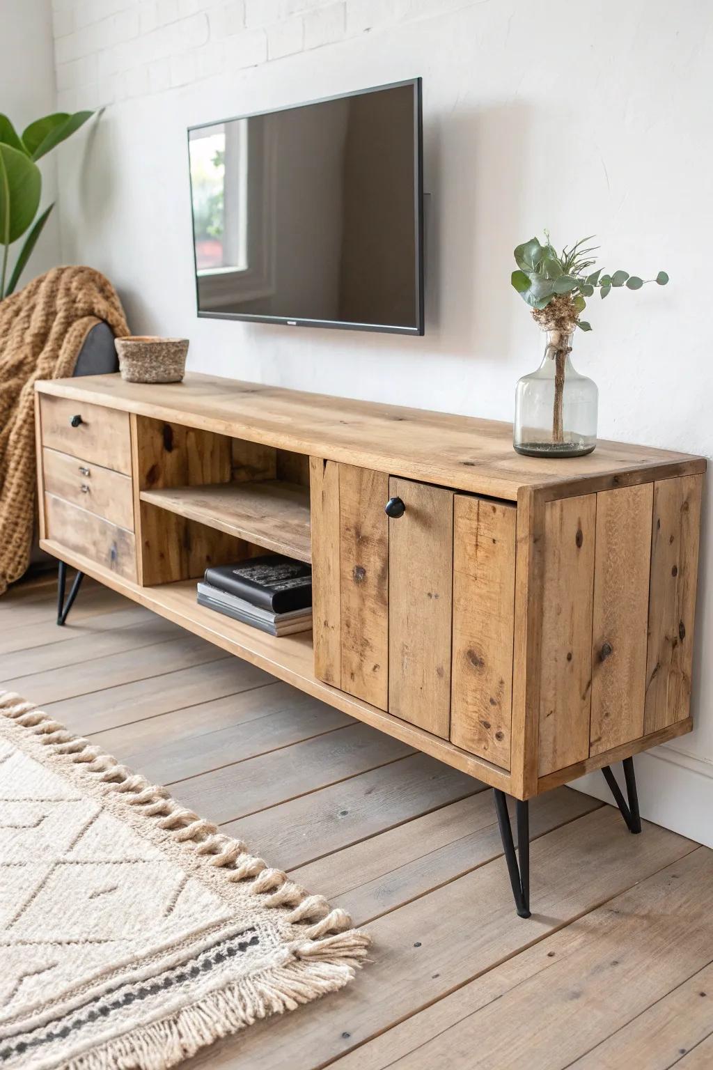 Reclaimed wood TV unit with rustic saw marks—warm character in a clean Scandinavian, boho‑soft space.