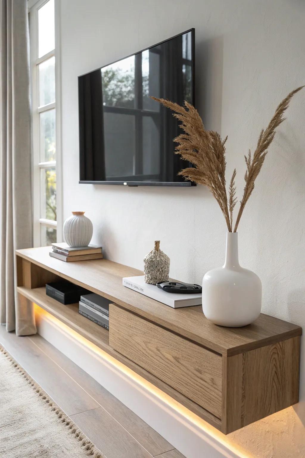 Hidden LED under a floating oak shelf turns your TV wall décor into a soft gallery glow.