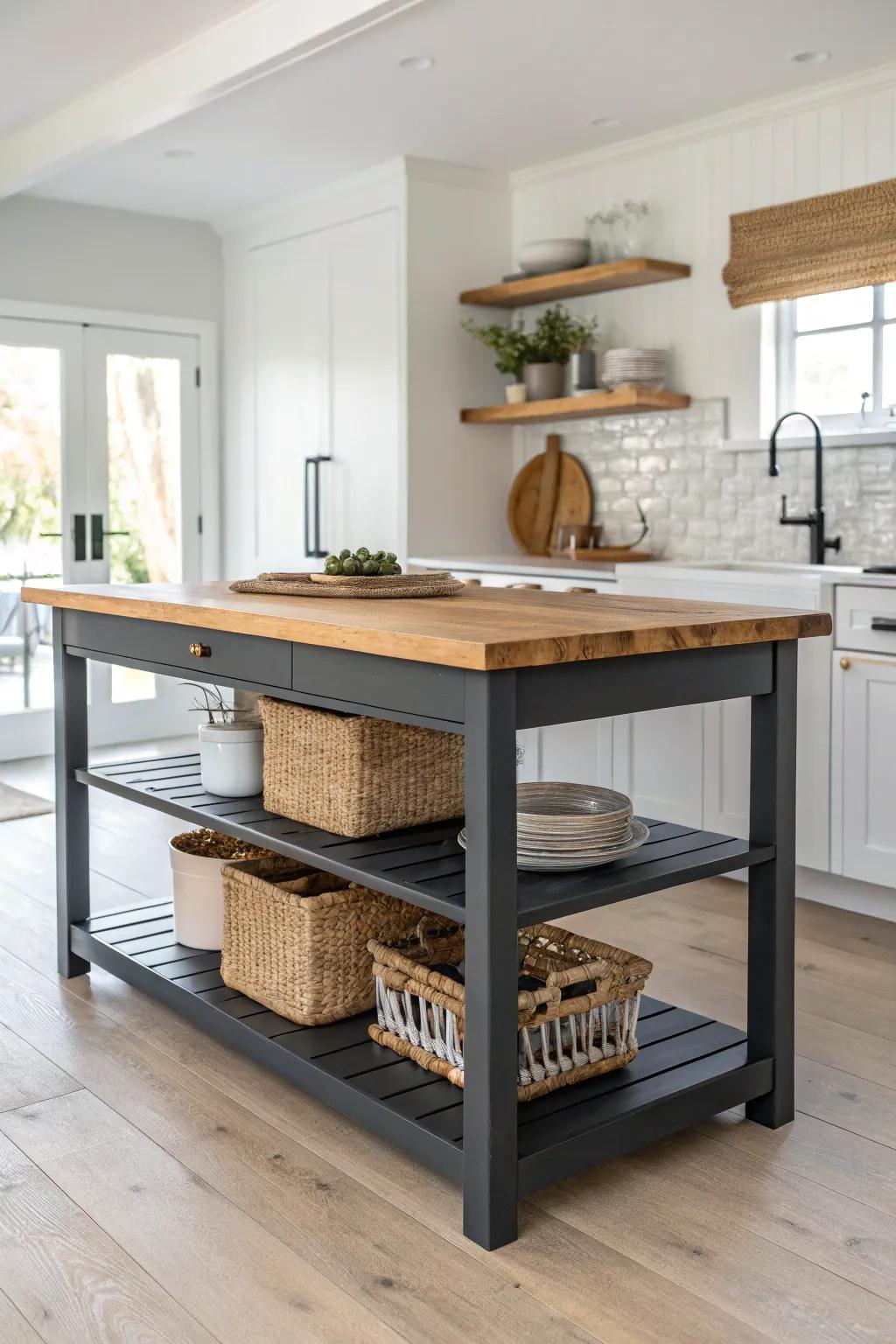 Split paint and stain to spotlight a two-tier island—charcoal base, warm wood top.