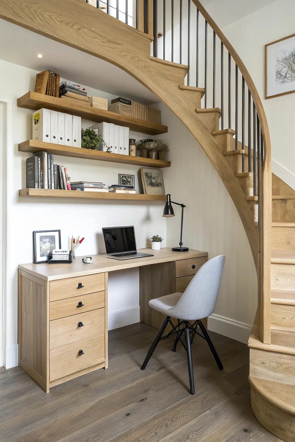 A curved-stair mini office nook: built-in desk + file drawers for tidy, hidden storage.