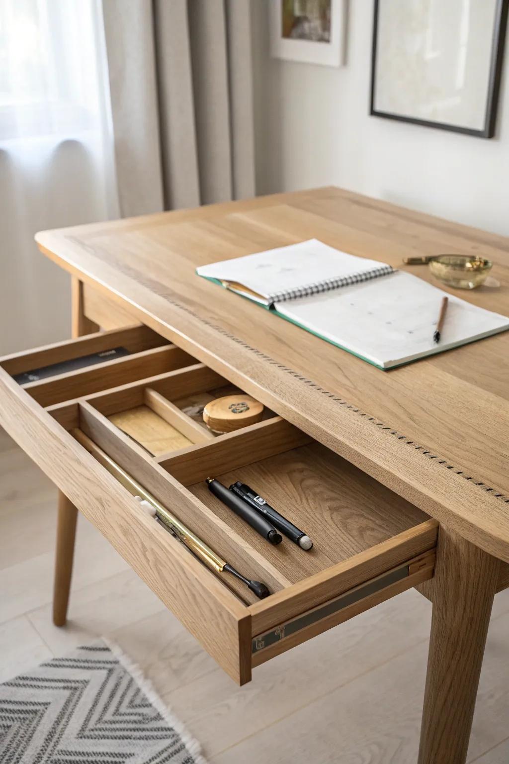 A secret flip-down hatch under the table—sleek storage for pens, rulers, and tiny tools.