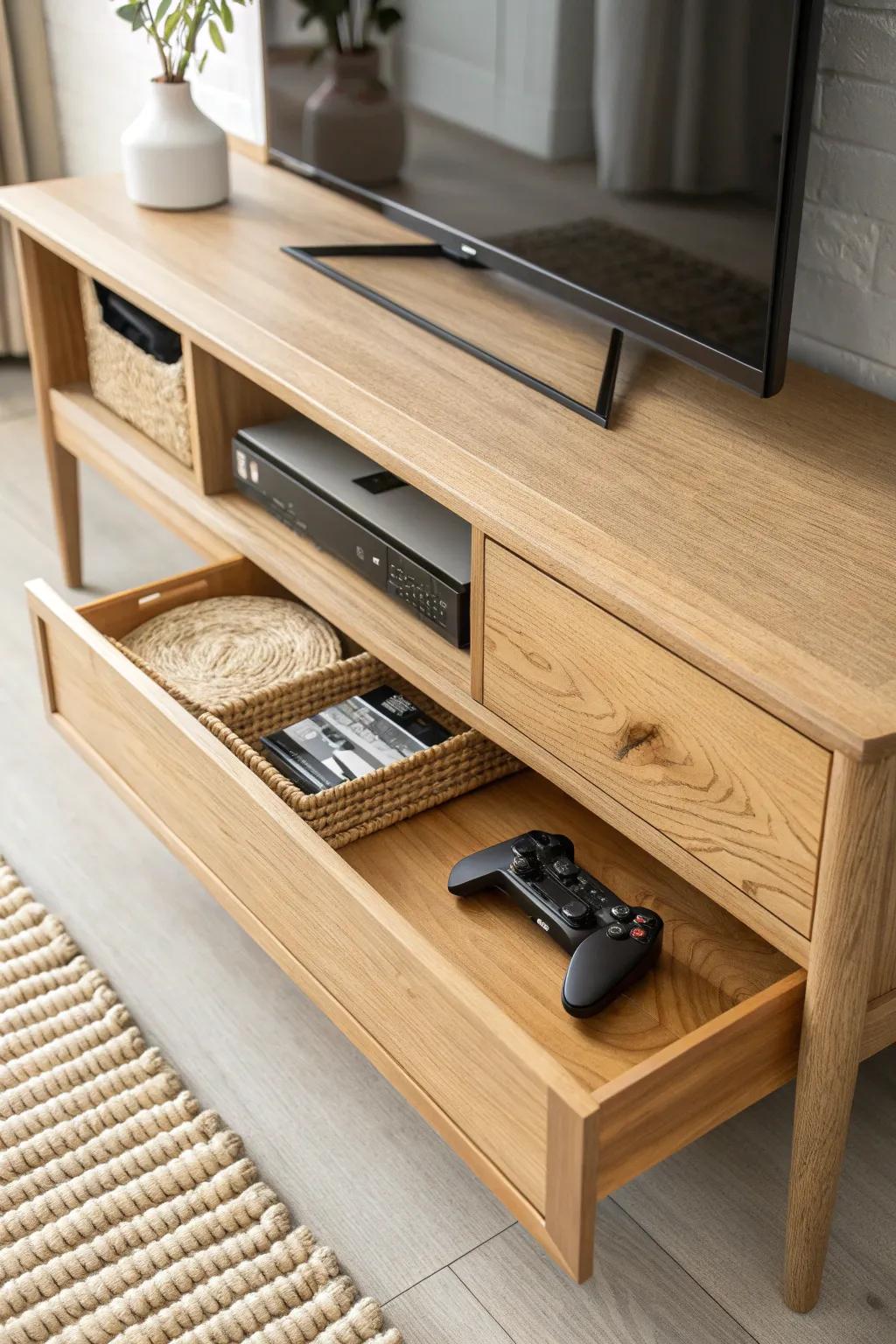 A sleek pull-out oak tray keeps remotes and consoles easy to reach—then hides away beautifully.