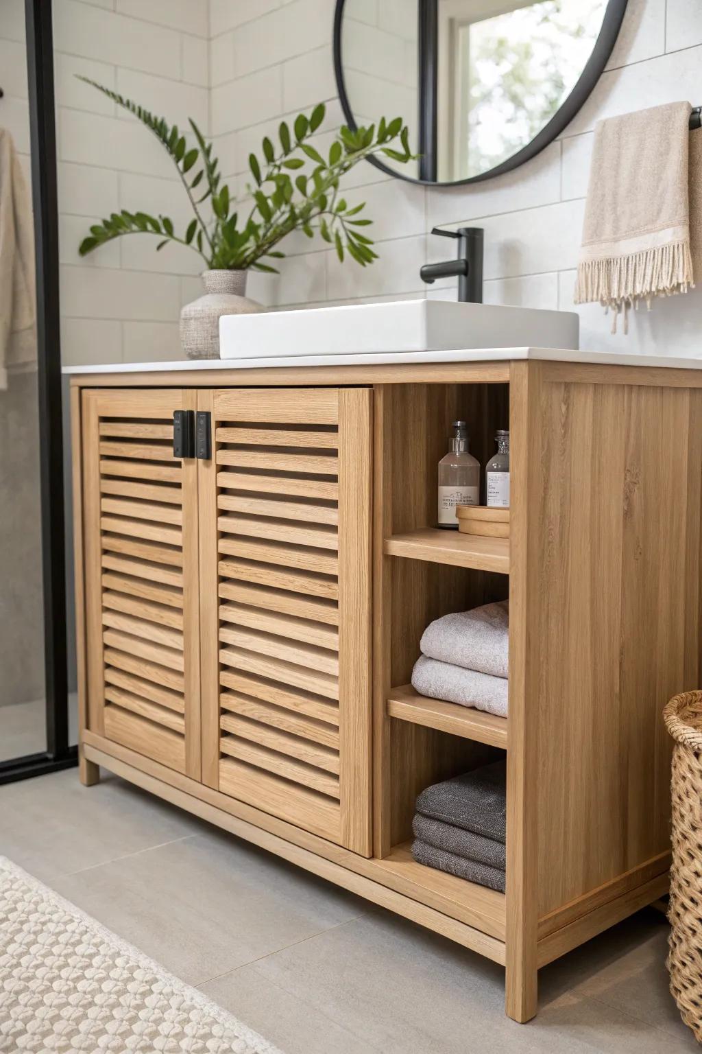 Sliding-door vanity fronts: space-saving, rustic edge, and beautifully crafted oak simplicity.