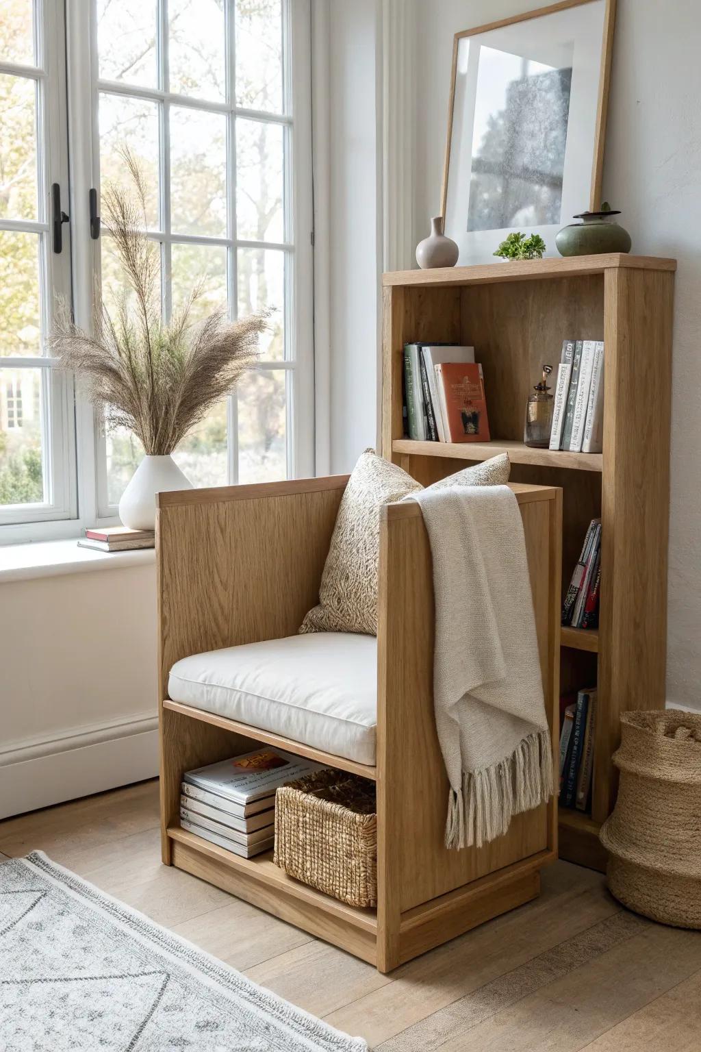 A sculptural book-nook chair with built-in shelves—cozy seating and storage in one.