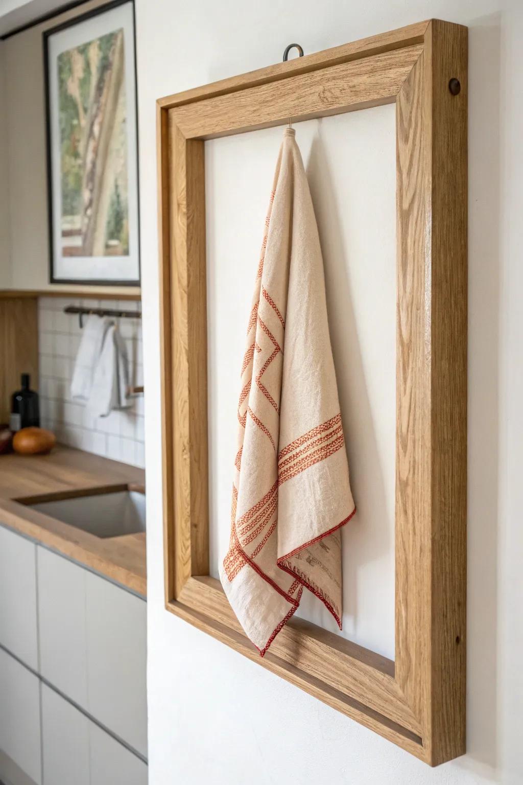 A float-mounted tea towel in warm oak—soft texture, clean lines, and quiet craftsmanship.