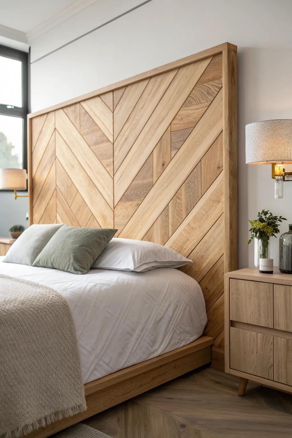 A light oak herringbone headboard that turns simple planks into a clean, artful focal point.