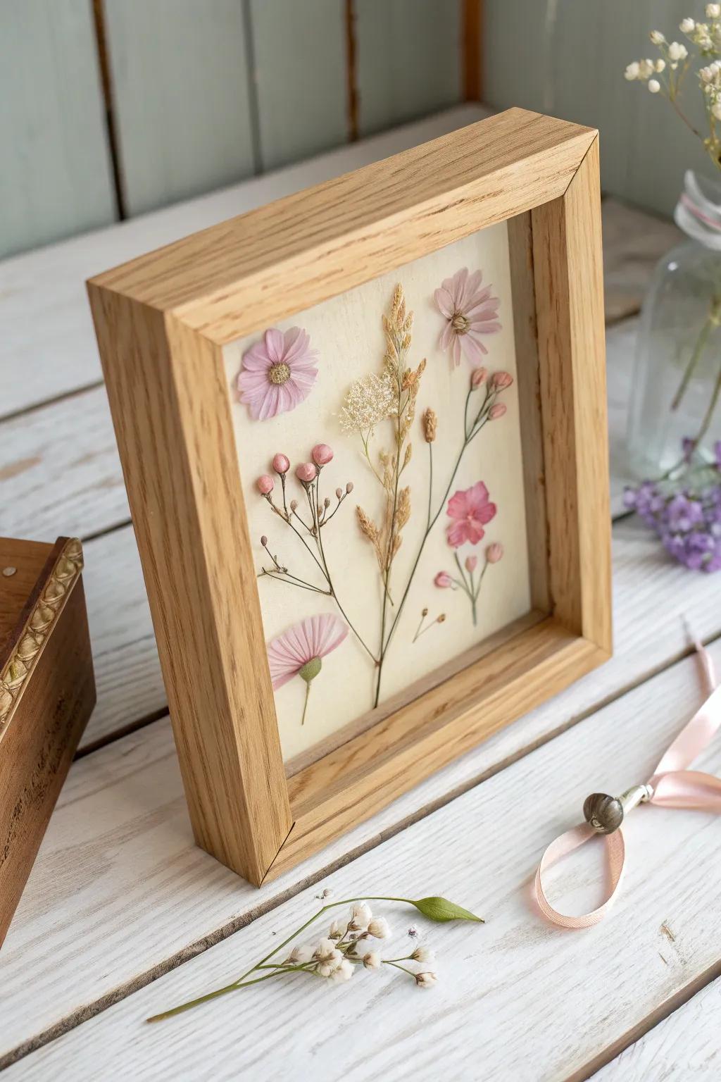 A light oak shadow box frame that keeps pressed blooms floating beautifully, forever.