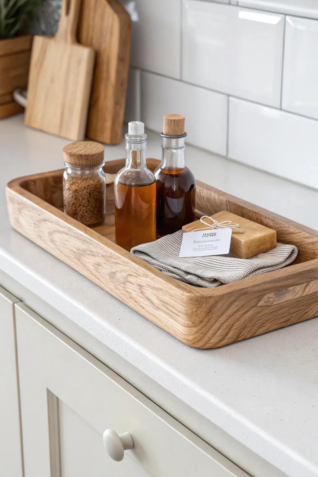 A shallow oak tray keeps corner-cabinet condiments tidy—pull forward, catch drips, done.