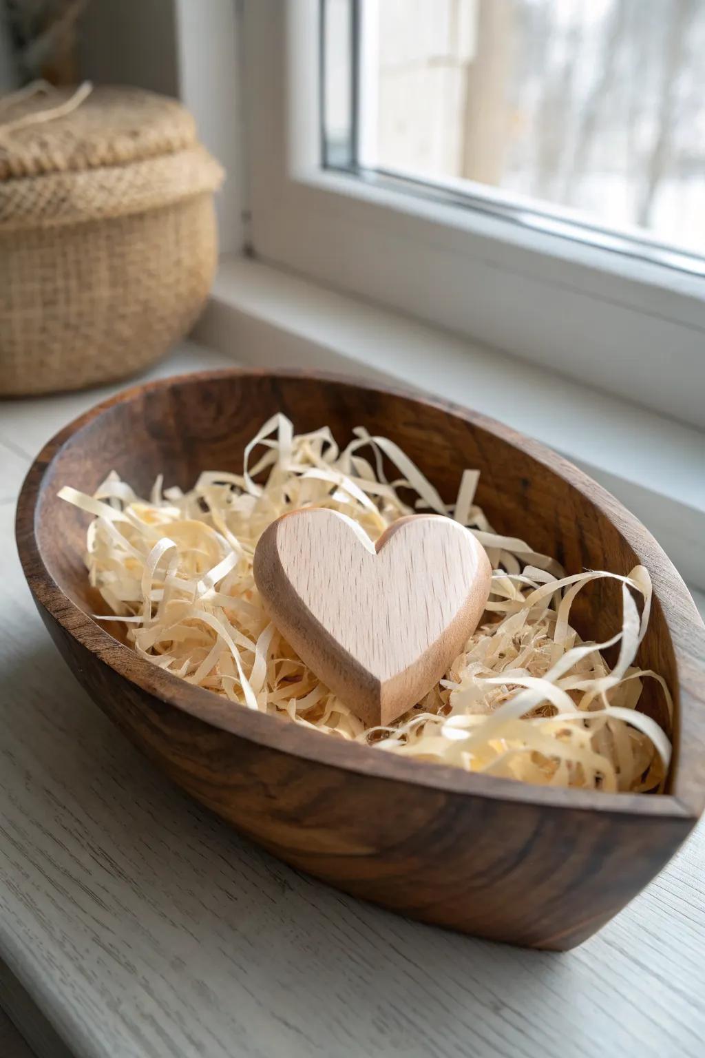 Curly wood shavings form a heart-shaped nest in a dough bowl, topped with a simple wooden heart.