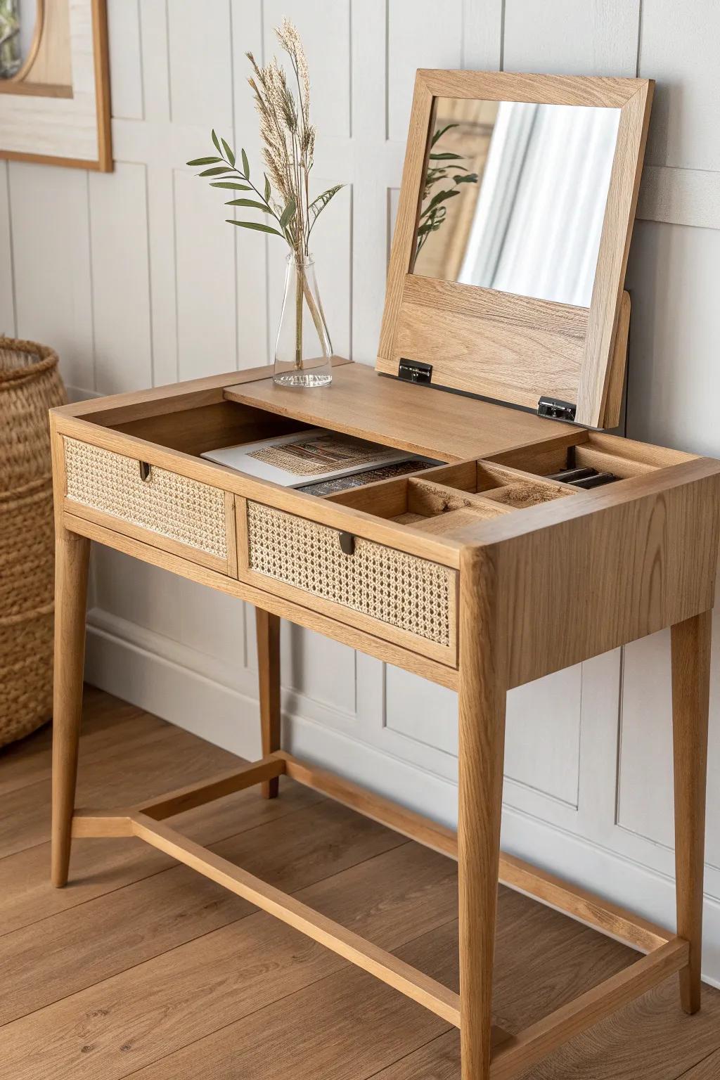Flip-top vanity desk with a hidden mirror and tidy compartments—beauty routine disappears in seconds.
