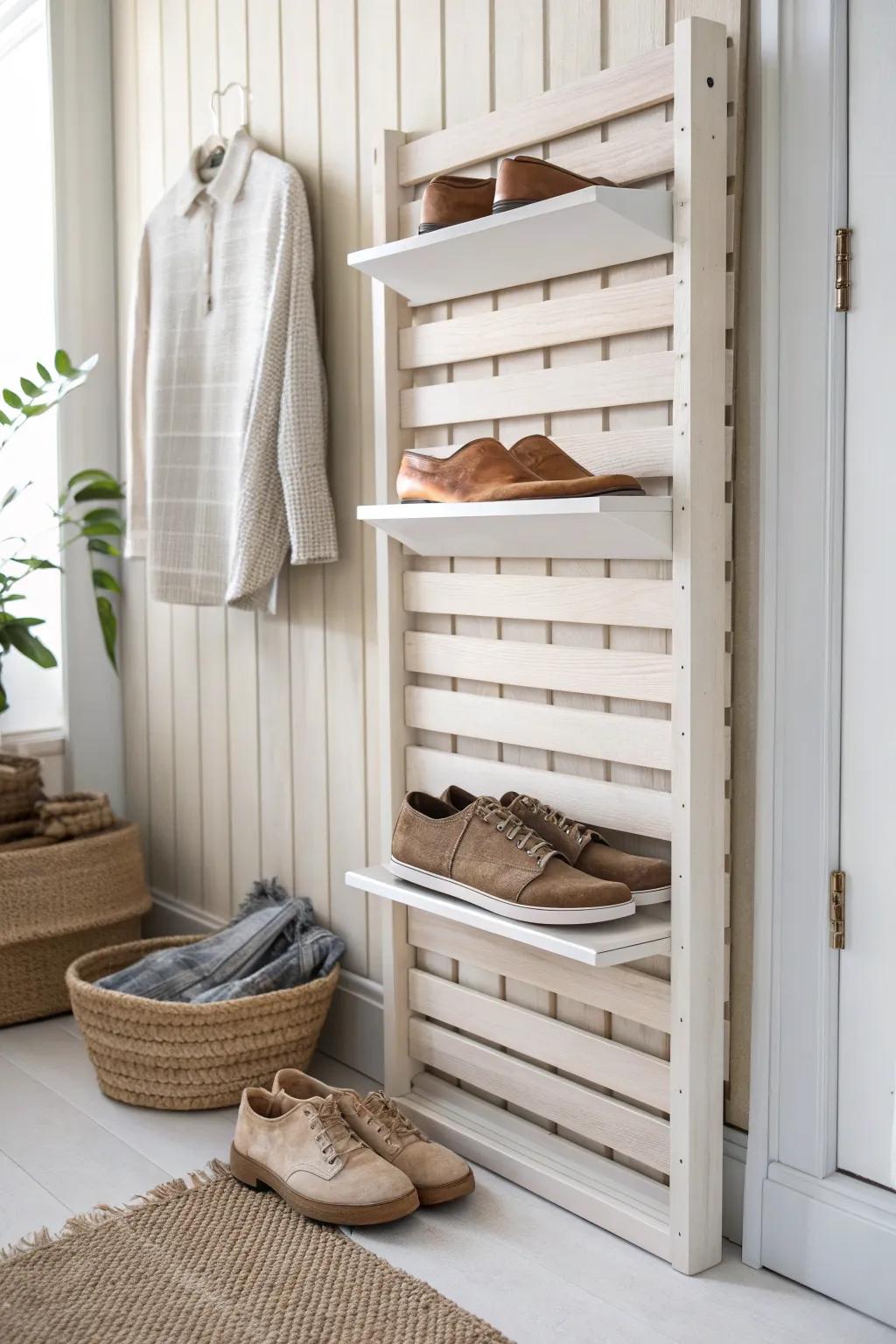 A sleek slat shoe wall that doubles storage—vertical, tidy, and beautifully handcrafted.