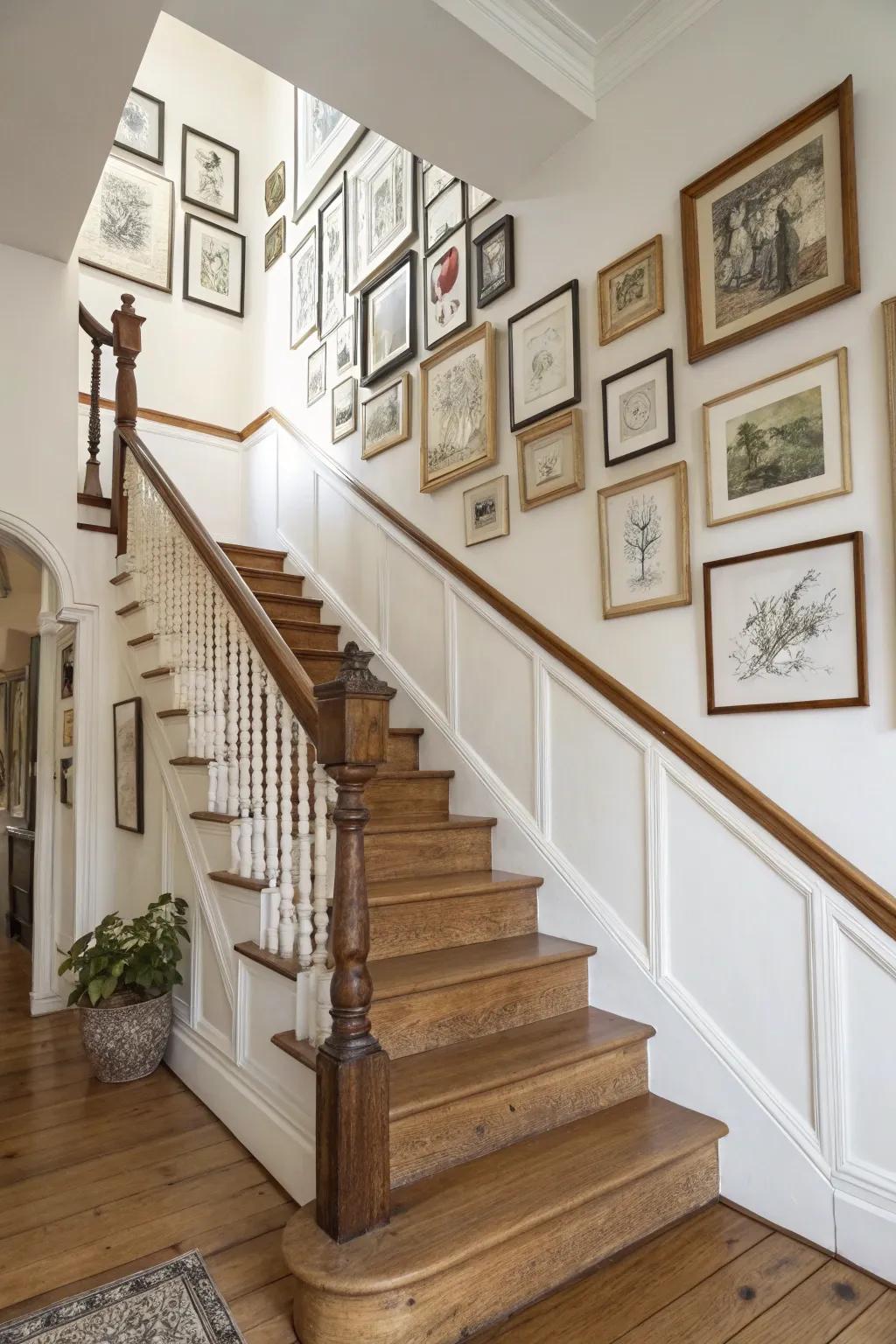 A staircase gallery wall of handcrafted wood frames makes a Victorian entryway feel curated.