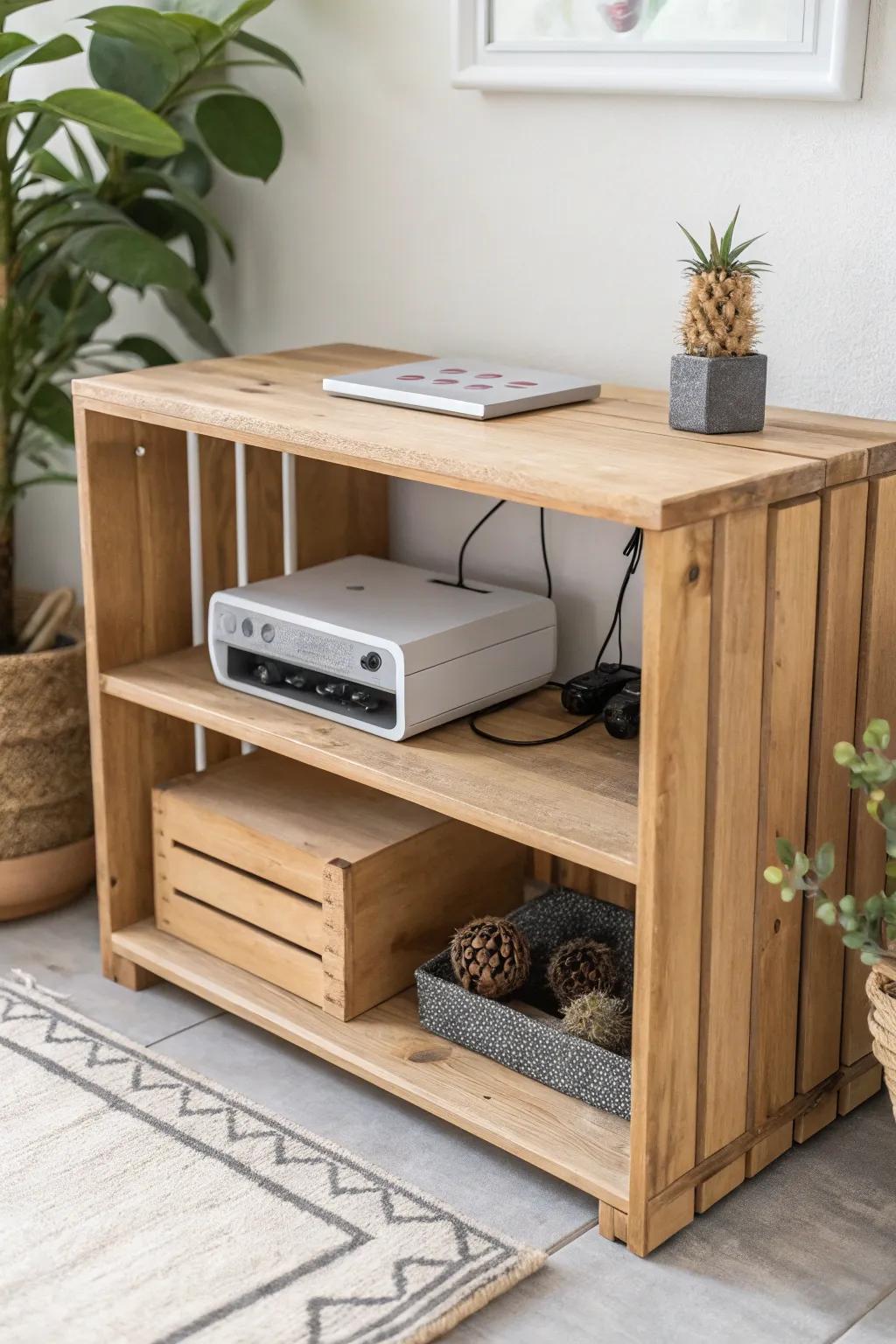 Crate-style stackable console shelf: silky-sanded wood, tidy cables, and a no-slip back stop.